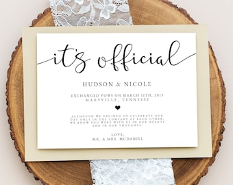 It's Official Elopement Announcement, Printable Casual Wedding Reception Invitation, Editable Template, Instant Download, Rustic, Marriage