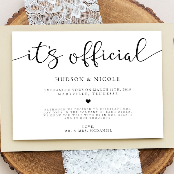 It's Official Elopement Announcement, Printable Casual Wedding Reception Invitation, Editable Template, Instant Download, Rustic, Marriage