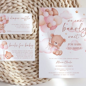 We Can Bearly Wait Baby Shower Invitation Template, Books For Baby Card, Diaper Raffle Ticket, Watercolor Balloons, Download, Editable, AD32