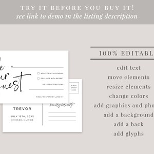 May include: Editable RSVP postcard template with the text "be our guest" in a handwritten font. The postcard has a section for guests to indicate whether they will accept or decline the invitation, and a space for dietary restrictions. The postcard also includes a space for the guest's name, the date of the event, and the location.