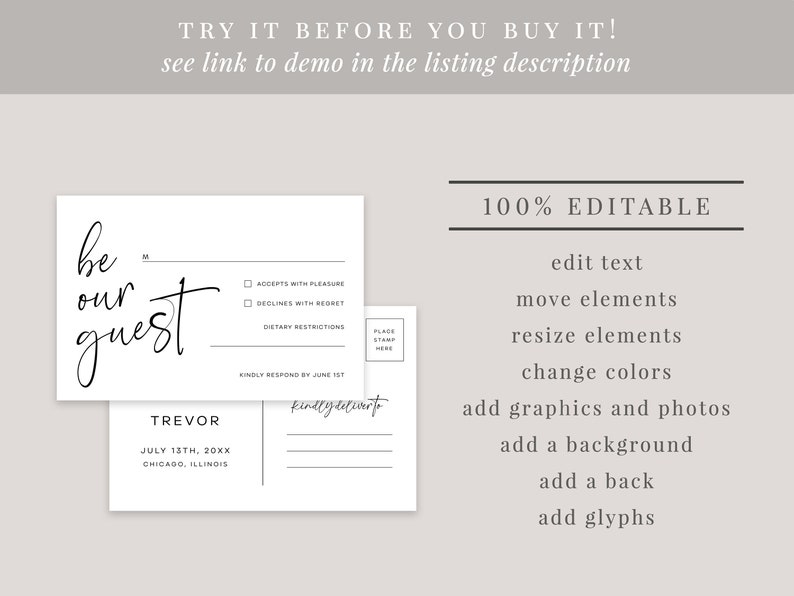 May include: Editable RSVP postcard template with the text "be our guest" in a handwritten font. The postcard has a section for guests to indicate whether they will accept or decline the invitation, and a space for dietary restrictions. The postcard also includes a space for the guest's name, the date of the event, and the location.