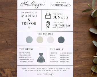 Bridesmaid Information Card Template, Bridal Party Info Card, Editable, Printable Bridesmaid Proposal, Instant Download, Wedding DIY, Modern