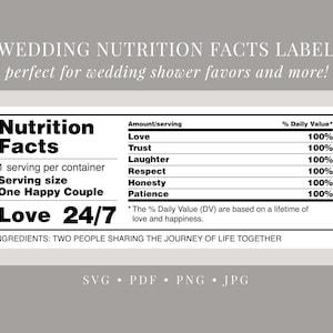 May include: A black and white wedding nutrition facts label with the text "Nutrition Facts" and "Love 24/7". The label lists the amount per serving of love, trust, laughter, respect, honesty, and patience, all with a 100% daily value. The ingredients are listed as "Two people sharing the journey of life together".
