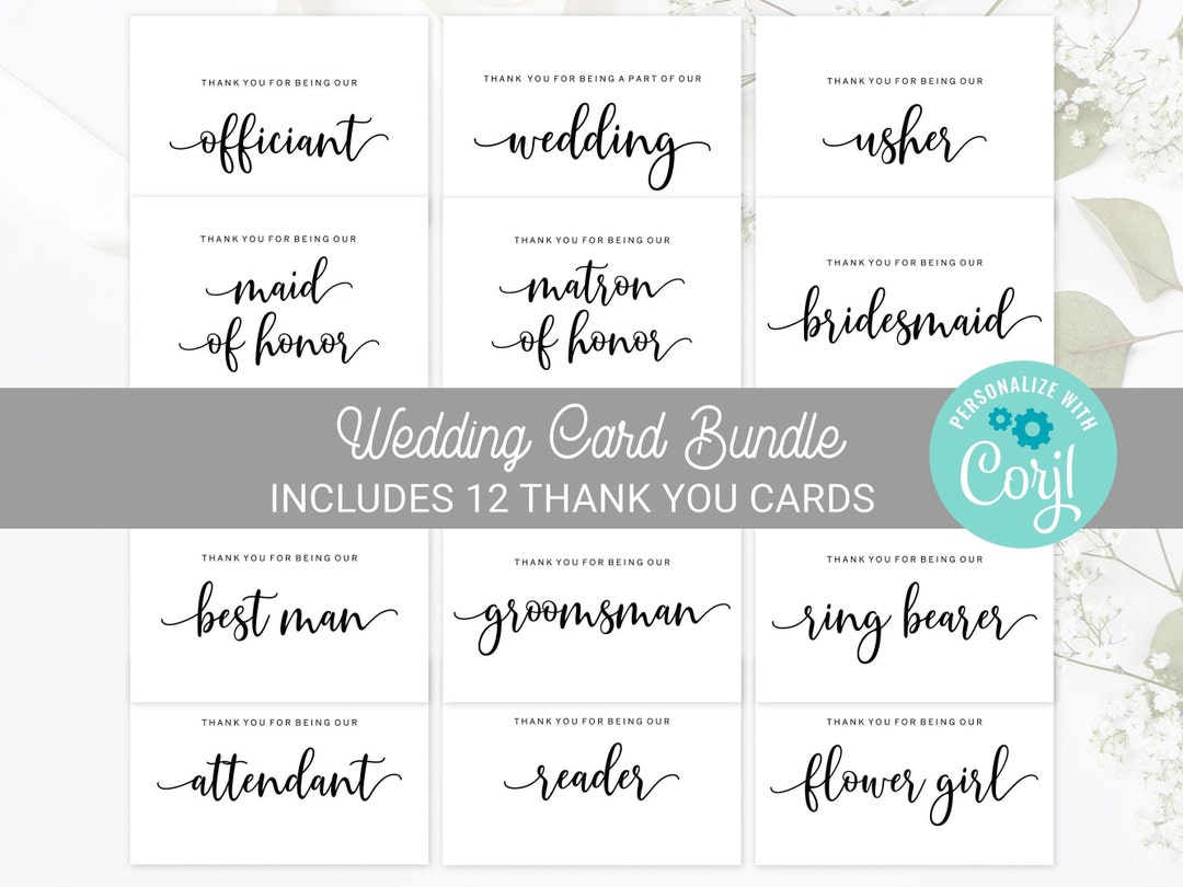 Printable Wedding Party Thank You Card Bundle, Wedding Thank You Templates, Bridal Party Thank ...