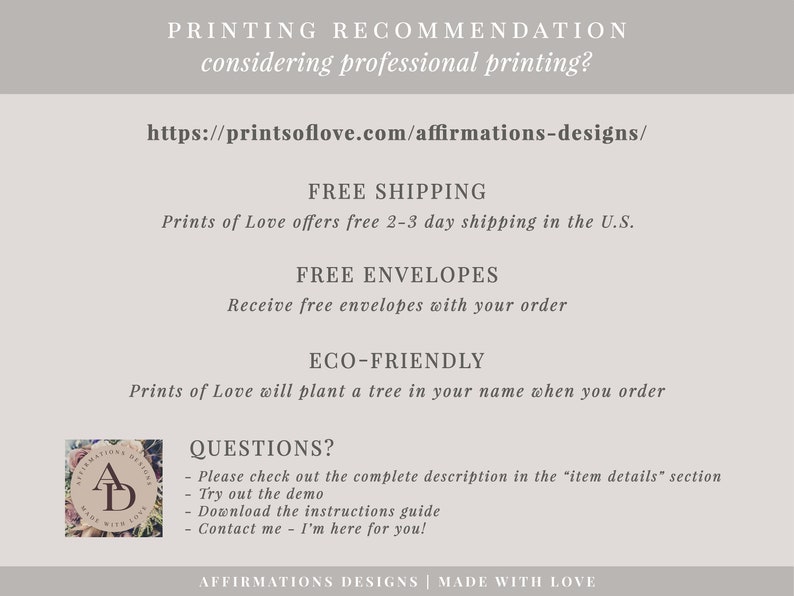 K&ouml;nnte beinhalten: Ein digitaler Download von druckbaren Affirmationsdesigns. Das Bild zeigt einen Text&uuml;berlagerung mit der Website-Adresse "https://printsoflove.com/affirmations-designs/" und Details zu kostenlosem Versand, kostenlosen Umschl&auml;gen und umweltfreundlichen Praktiken. Der Text "AFFIRMATIONS DESIGNS | MADE WITH LOVE" befindet sich am unteren Rand des Bildes.