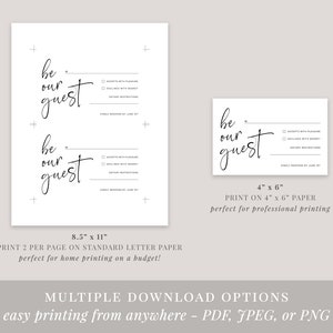 May include: Two printable RSVP cards with the text "be our guest" in a handwritten font. The larger card is 8.5 inches by 11 inches and the smaller card is 4 inches by 6 inches. Both cards have a checkbox for guests to indicate whether they will be attending the event.