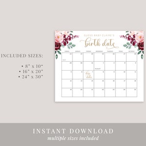 Guess Baby's Birth Date Calendar, Baby Shower Game, Printable Due Date ...