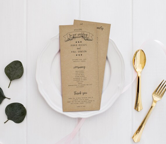 Rustic Banner And Flowers Wedding Program Template Editable Etsy