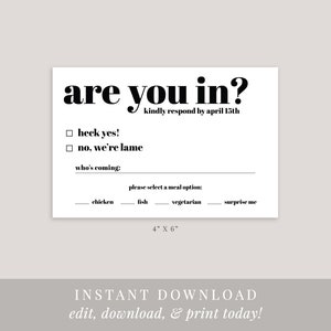 Funny Wedding RSVP Template, Printable RSVP Card For Wedding, Are You In, Digital, Instant Download, Editable, Wedding Invitation Insert image 3