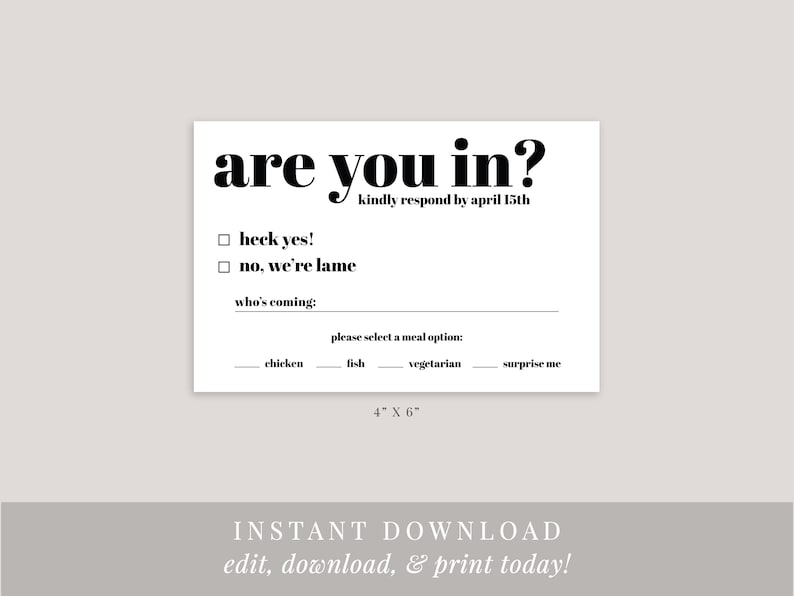 Funny Wedding RSVP Template, Printable RSVP Card For Wedding, Are You In, Digital, Instant Download, Editable, Wedding Invitation Insert image 3