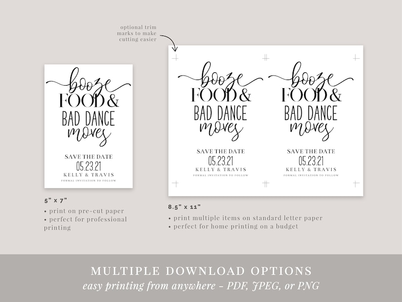 Booze Food and Bad Dance Moves Save the Date, Printable Save the Date Template, Download, Rustic Wedding, Funny Invitation, DIY, AD36 image 4