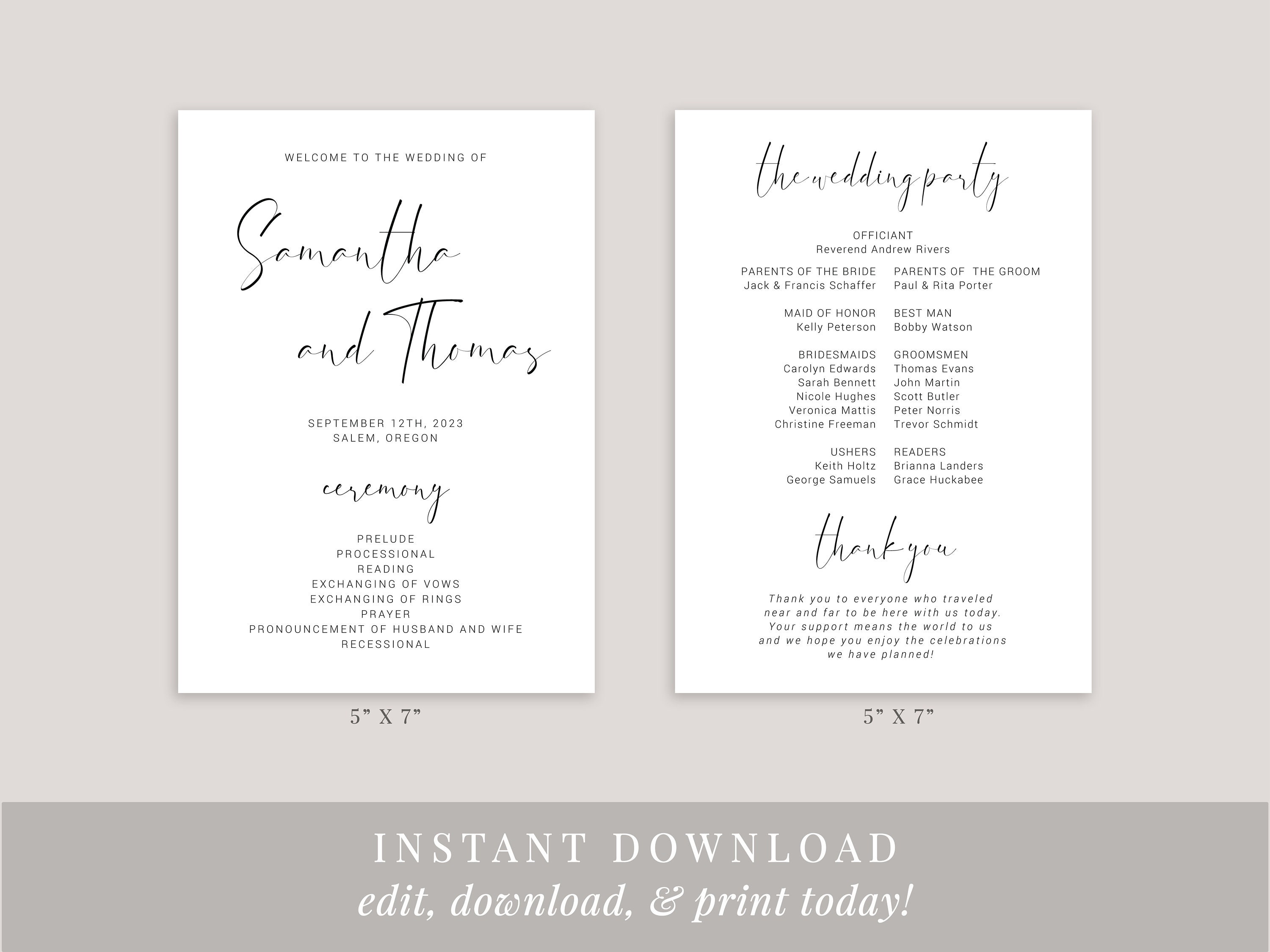 Wedding Program Script Elegant Script Wedding Program Template, Printable Order of Ceremony ...