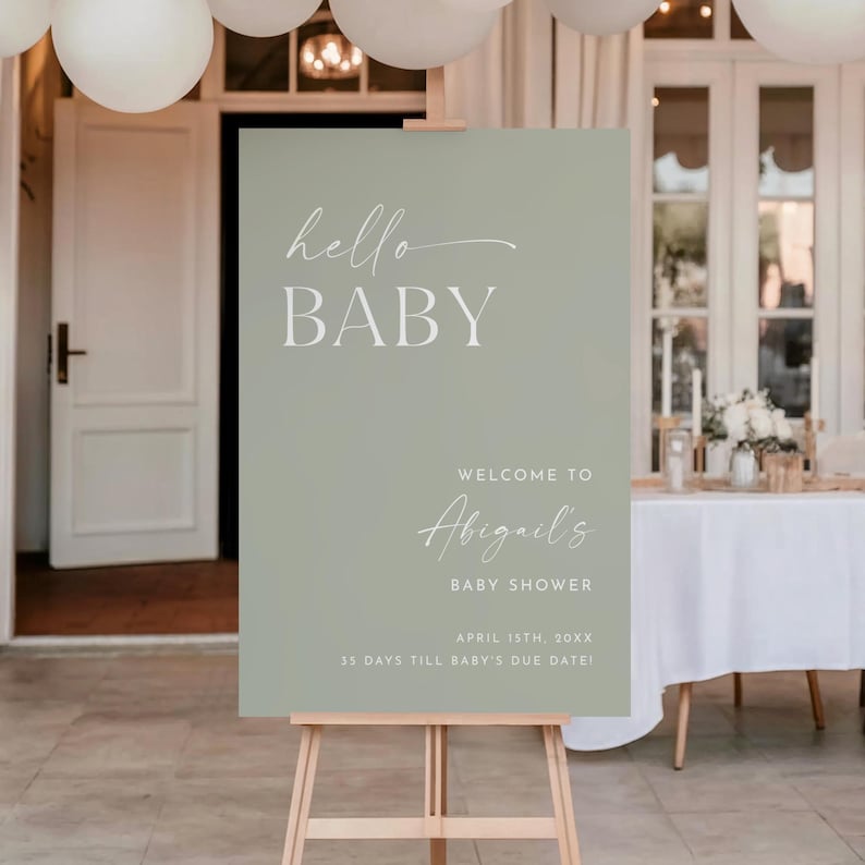 Sage Green Minimalist Baby Shower Welcome Sign, Gender Neutral Baby Shower Sign Template, Hello Baby Sign, Editable, Printable Sign, AB03 image 1