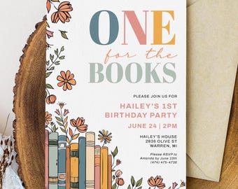 Modèle d'invitation pour une fête d'anniversaire sur le thème des livres (1 an), invitation d'anniversaire pour tout-petit avec fleurs, modifiable et imprimable, AD56