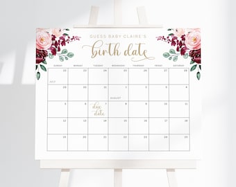 May include: A printable baby shower game with a floral design in shades of pink and burgundy. The game asks guests to guess the baby's birth date. The due date is marked on the calendar.