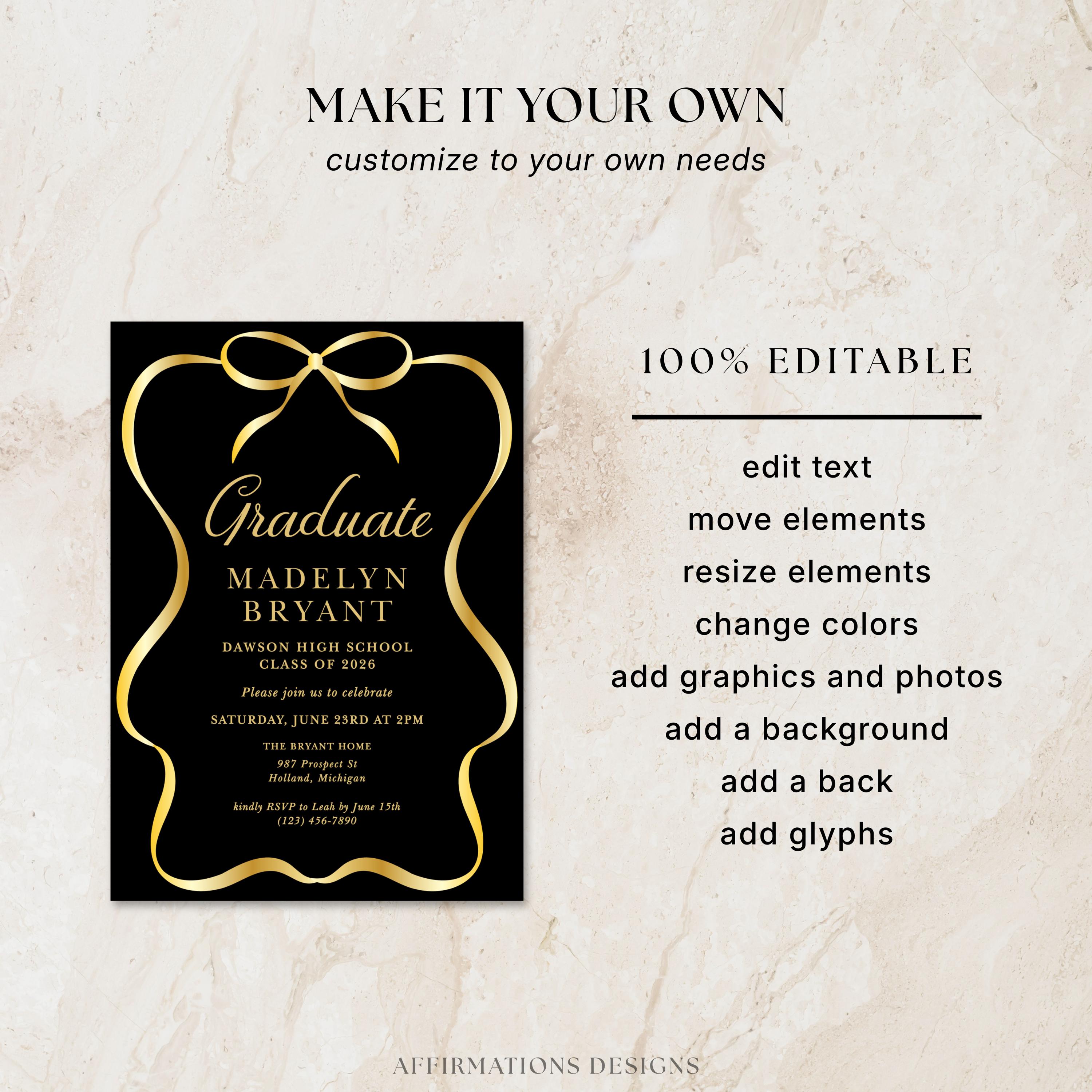 Graduation Party Invitation Template, Black and Gold Grad Party Invite ...