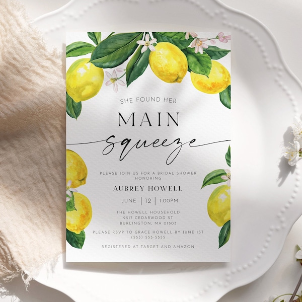 She Found Her Main Squeeze Lemons Bridal Shower Invitation Template, Citrus Wedding, Printable Invitation, Instant Download, AD23