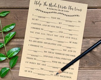 Puede incluir: Un juego de boda Mad Libs imprimible con el título "Help The Bride Write Her Vows". El juego está diseñado para ayudar a la novia a escribir sus votos de boda rellenando los espacios en blanco con las palabras proporcionadas.