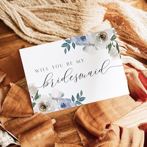 Bridesmaid Proposal Card With Blue Florals, Printable Bridesmaid Proposal Card Template, Editable, Bridal Party Card, Maid of Honor, AD50