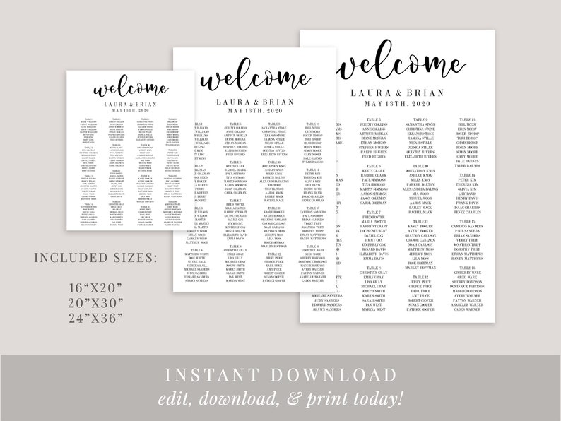 Printable Wedding Seating Chart, Editable Seating Chart Template, Wedding Seating Plan Sign, Wedding Table Numbers, Instant Download image 2