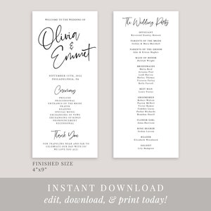 May include: Printable wedding ceremony and reception program template with a black and white design. The program includes the names Olivia and Emmet, the date September 13th, 2022, and the location Philadelphia, PA. The program also includes a list of the wedding party members.