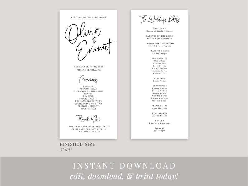 May include: Printable wedding ceremony and reception program template with a black and white design. The program includes the names Olivia and Emmet, the date September 13th, 2022, and the location Philadelphia, PA. The program also includes a list of the wedding party members.