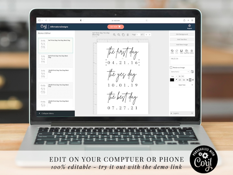 May include: A laptop screen displaying a design template for a wedding sign. The sign reads "The first day 04.21.16", "The yes day 10.01.19", and "The best day 07.27.21".