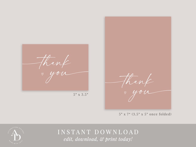 Rose Gold Minimalist Thank You Card Template, Printable Thank You Card ...