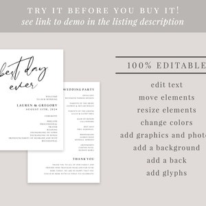 Best Day Ever Wedding Program Template, Editable Order of Ceremony Program, Printable Program, Instant Download, DIY, Minimalist, AD48 image 4