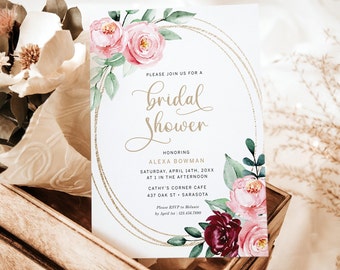 Pink Floral Bridal Shower Invitation Template, Shower Invite, Printable Bridal Shower Invitation, Editable Template, Instant Download AD20