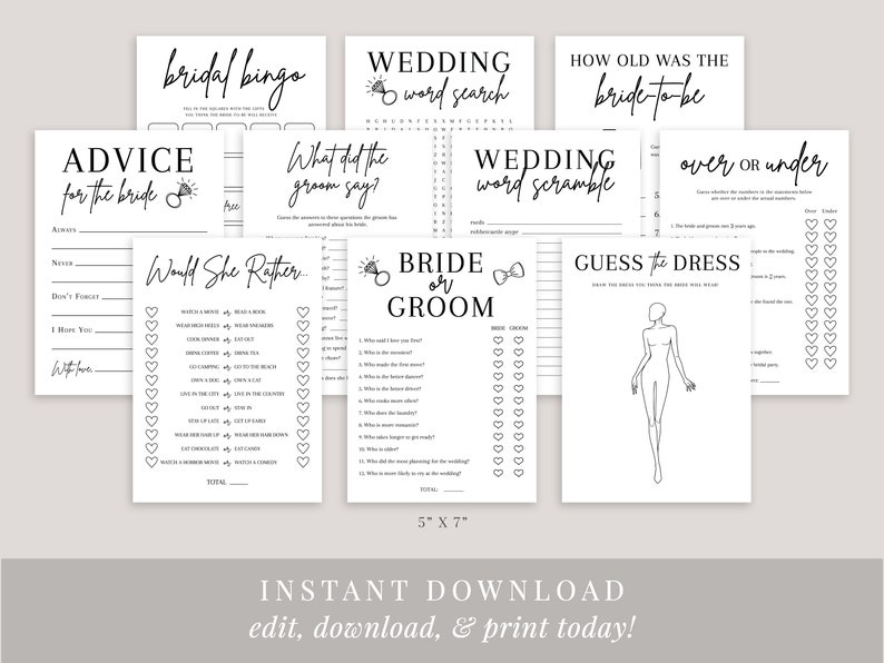 Minimalist Bridal Shower Game Template Bundle Printable Etsy