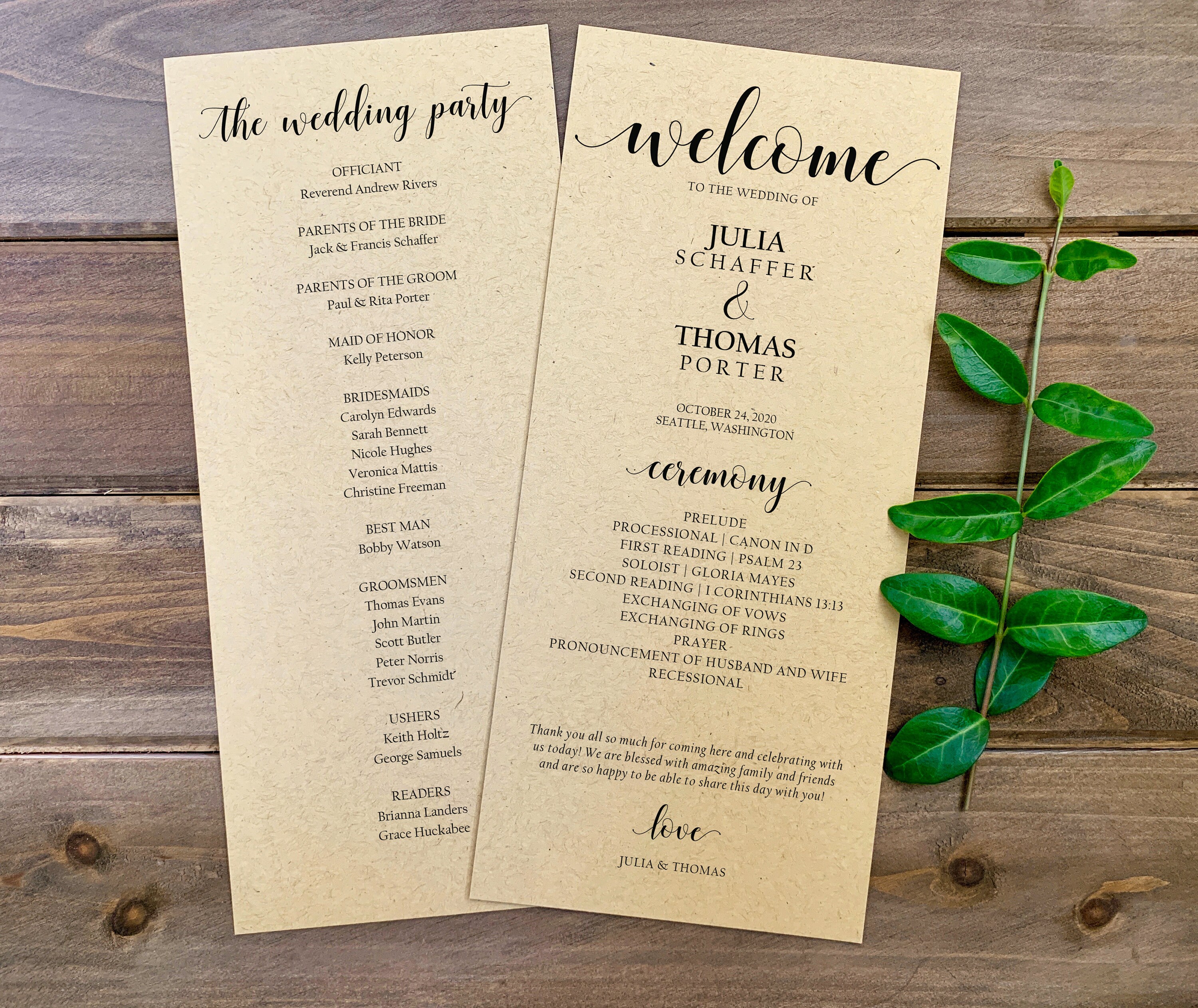 Elegant Wedding Ceremony Program, Order of Wedding Program Template ...