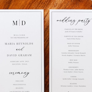 May include: Two white wedding programs with black text. The left program reads "Welcome to the wedding of Maria Reynolds and David Graham, February 14th, 2023, Houston, Texas." The right program lists the wedding party.