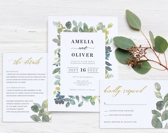 Watercolor Invitation Set Template, Greenery Wedding Invitation Suite, Editable, Printable Invitation Set, Download, Rustic Wedding, AD51