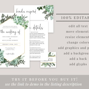 Succulents Printable Wedding Invitation Set Template, Editable Wedding ...