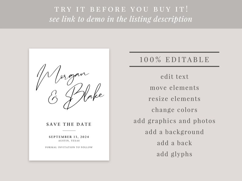 Minimalist Save the Date Template, Printable, Editable Save the Date, Instant Download, Minimalist Modern Wedding, Calligraphy, AD48 image 4