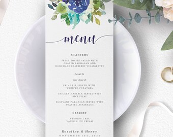 Menu de casamento de flores em aquarela roxa, modelo de menu para impressão, cartão de menu de casamento editável, download instantâneo, vegetação, casamento rústico DIY