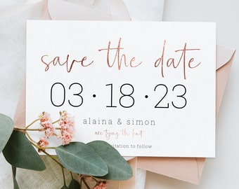 Printable Save the Date Template, Editable Wedding Save the Date, Rose Gold Foil Effect, Minimalist, DIY Wedding, Download, Invitation, AD03