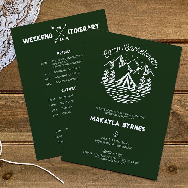 Bachelorette Weekend Itinerary and Invitation Template, Camp Bachelorette Invitation Itinerary Template, Printable, Editable, Download