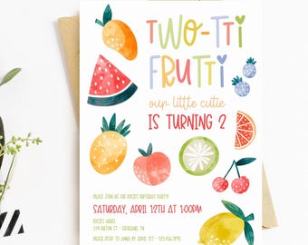 Two-tti Frutti Birthday Invitation Template, Second Birthday Invite, Printable Invitation, Editable, Download, 2, Watercolor Fruit, AD39
