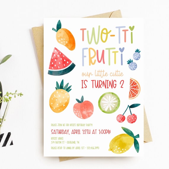 Two-tti Frutti Birthday Invitation Template, Second Birthday Invite, Printable Invitation, Editable, Download, 2, Watercolor Fruit, AD39