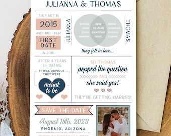 May include: A save the date announcement for a wedding with a pink and blue color scheme. The announcement features a timeline of the couple's relationship, including when they met, their first date, and when they got engaged. The announcement also includes a photo of the couple and the date of the wedding, August 18th, 2023, in Phoenix, Arizona.