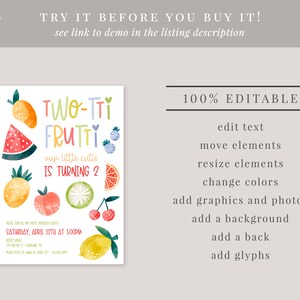 May include: A colorful invitation for a two-year-old's birthday party with a fruit theme. The invitation features a watermelon, pineapple, lemon, cherries, and a grapefruit. The text reads "Two-Tti Frutti our little cutie is turning 2".