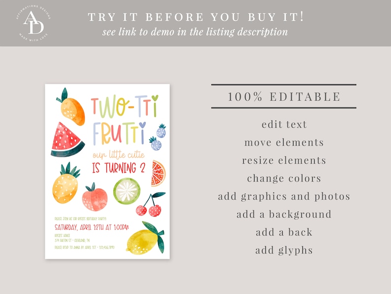 May include: A colorful invitation for a two-year-old's birthday party with a fruit theme. The invitation features a watermelon, pineapple, lemon, cherries, and a grapefruit. The text reads "Two-Tti Frutti our little cutie is turning 2".