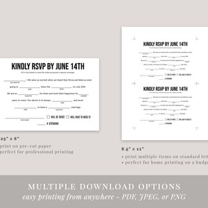 Mad Libs Wedding RSVP Postcard Template, Printable Fill in the Blank RSVP Card for Wedding ...