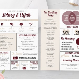 Può includere: Un invito di nozze in color borgogna e beige. L'invito presenta i nomi della coppia, la data del matrimonio e la location. Include anche una cronologia della loro relazione, un elenco dei membri del matrimonio e dettagli sulla cerimonia e sul ricevimento. L'invito include anche una sezione sulla storia d'amore della coppia e un messaggio per i loro ospiti.