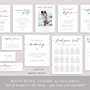 May include: A collection of printable wedding stationery templates with a minimalist design. The templates include a save the date card, engagement party invitation, wedding invitation, wedding menu, seating chart, and more.