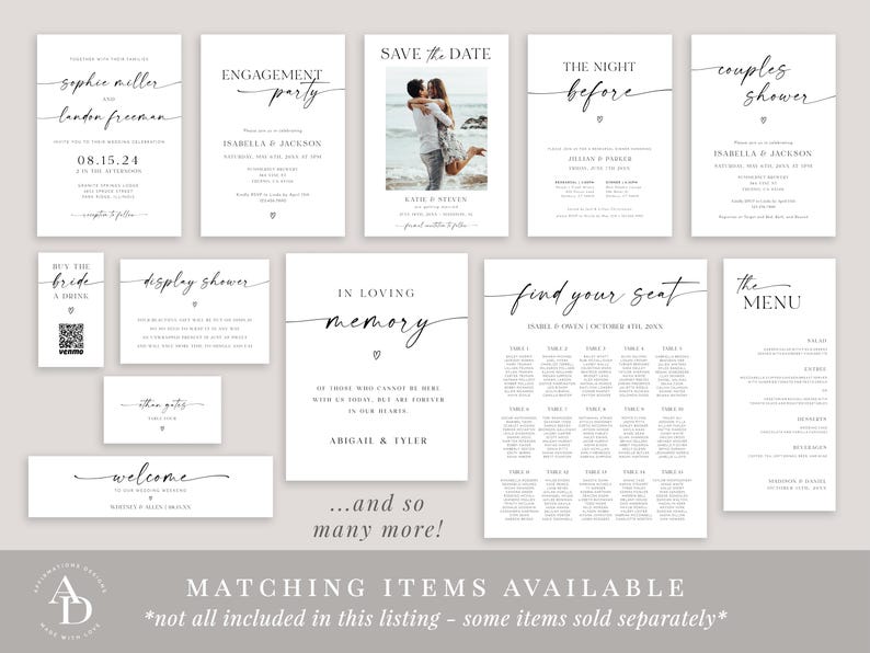 May include: A collection of printable wedding stationery templates with a minimalist design. The templates include a save the date card, engagement party invitation, wedding invitation, wedding menu, seating chart, and more.