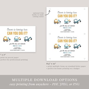 Peut inclure: Invitation imprimable pour une f&ecirc;te d'anniversaire d'un enfant de deux ans. L'invitation pr&eacute;sente un th&egrave;me de camion de chantier bleu et jaune avec le texte "Oscar a deux ans, Tu peux creuser ?" et une date et une heure pour la f&ecirc;te.