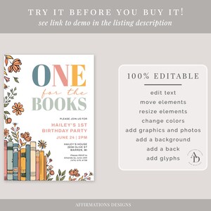 Op de afbeelding: Bewerkbare uitnodiging voor een eerste verjaardagsfeest met een boekthema. De uitnodiging bevat een kleurrijke illustratie van een stapel boeken, bloemen en de tekst "One for the Books".